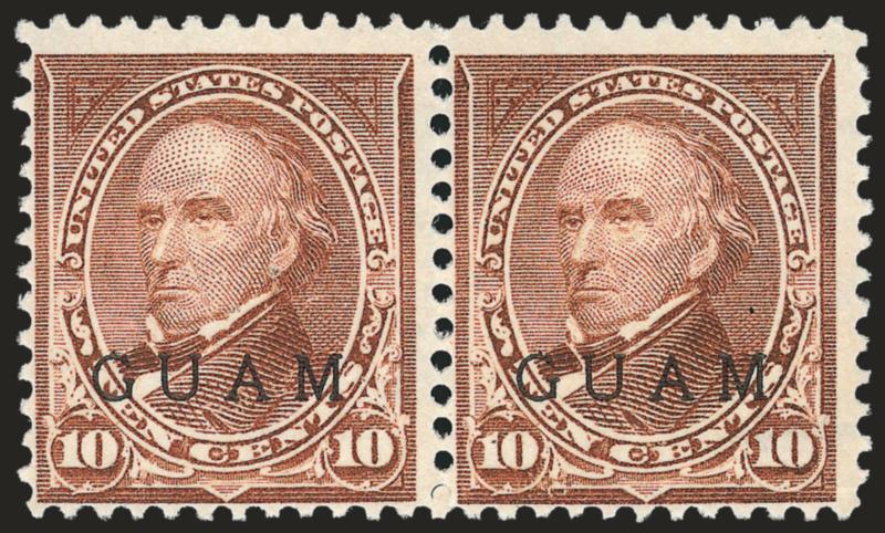 1899, 10c Brown, Ty. II (9).> Horizontal pair, unused (no gum), bright color<><>^FINE. THIS IS THE LARGEST RECORDED MULTIPLE OF THE GUAM 10-CENT TYPE II ISSUE. A GREAT RARITY OF GUAM PHILATELY.^<><>The plate
used for the Guam 10c Special Printing