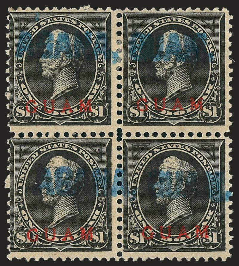 1899, $1.00 Black, Ty. I (12).> Block of four, blue Agana straightline cancel, barely in at left of left pair, Fine for this rare used block of four