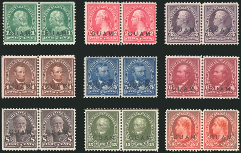 1900, 1c-50c Overprints, Special Printings (1SP-7SP, 10SP-11SP).> Horizontal pairs, the 1c, 2c and 5c original gum, others unused (no gum), the 1c, 4c and 8c s.e. on one side, 3c light crease, 50c some
oxidation<><>^FINE-VERY FINE. A RARE GROUP OF