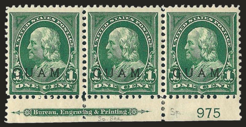 1900, 1c Green, Special Printing (1SP).> Bottom imprint and plate no. 975 strip of three, h.r. at left and in selvage, each with red Special Surcharge handstamp, bright color, center stamp tiny thin
speck<><>^FINE-VERY FINE APPEARANCE. A RARE IMP