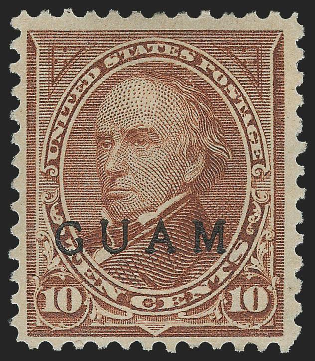 1900, 10c Brown, Ty. II, Special Printing (9SP).> Unused (no gum), pencil Spl. Ptg. J. M. B. (Bartels) on back (indicating gum loss occurred a long time ago), bright color, thin spot<><>^FINE APPEARANCE. THE
GUAM 10-CENT TYPE II IS THE RAREST OF