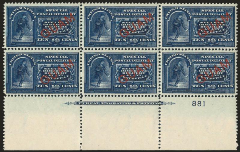 1899, 10c Blue, Special Delivery (E1).> Wide bottom imprint and plate no. 881 block of six, fresh, slight tropical original gum, handsomely centered with intense color<><>^VERY FINE. A TRULY OUTSTANDING IMPRINT
AND PLATE NUMBER BLOCK OF THE 10-CENT
