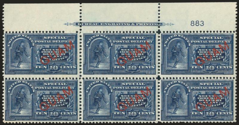 1899, 10c Blue, Special Delivery (E1).> Top imprint and plate no. 883 block of six, slight tropical original gum, Fine, scarce