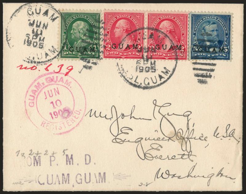 1899, 1c Deep Green, 2c Rose Carmine, 5c Blue (1, 2a, 5).> 2c pair with singles of others, tied by Guam Isl. Guam Jun. 10, 1905 duplex datestamps on registered cover from the Zug correspondence, magenta Guam,
Guam Registered double-circle, purple