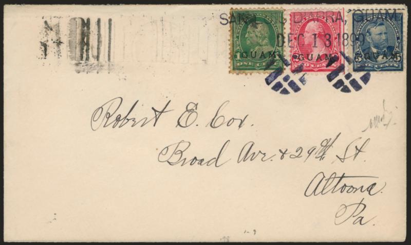 1899, 1c Deep Green, 2c Rose Carmine, 5c Blue, First Printing (1, 2a, 5).> 2c natural s.e., 1c some edge gum staining of little consequence, tied by San Luis D Apra, Guam and Dec. 13, 1899 straightlines and
bold so-called ears Paw> cork kil