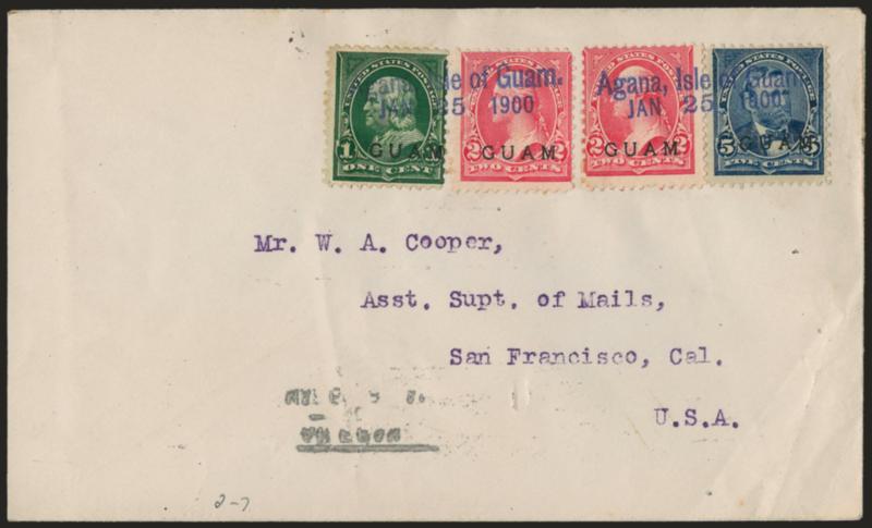 1899, 1c Deep Green, 2c Rose Carmine, 5c Blue (1, 2a, 5).> Two 2c with singles of others, cancelled by blue Agana, Isle of Guam.Jan. 25, 1900 straightline datestamp, San Francisco backstamp, cover corner
crease, otherwise Fine, this is the first U