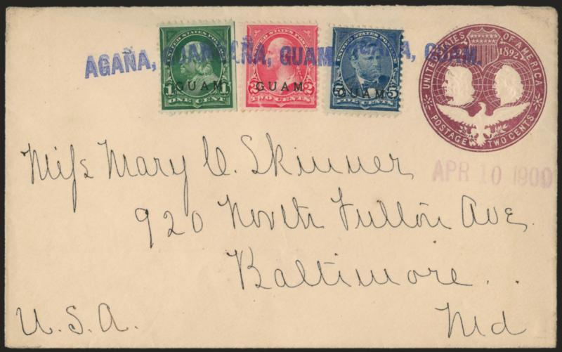 1899, 1c Deep Green, 2c Rose Carmine, 5c Blue, First Printing (1, 2a, 5).> 1c s.e., 2c tiny trivial scuff, used on <U.S. 2c Columbian entire (U349)> to Baltimore Md., all tied by blue Agana, Guam straightline
with magenta Apr.10, 1900 date handst