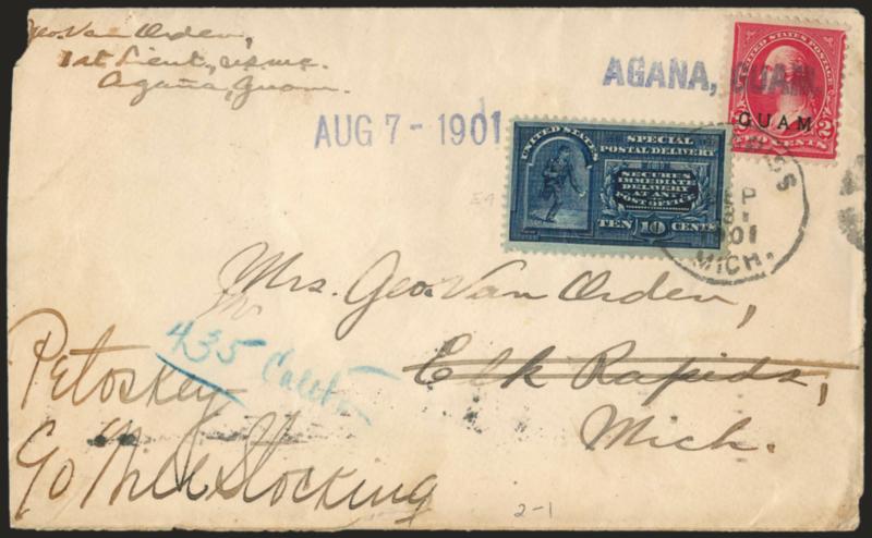 1899, 2c Red (2).> Tied by blue Agana, Guam straightline with Aug 7- 1901 datestamp on cover to Elk Rapids, Mich., with<U.S. 10c Blue Special Delivery No. E4 or E5> affixed on arrival, both stamps tied by Elk
Rapids Mich. Sep. 3, 1901 circular