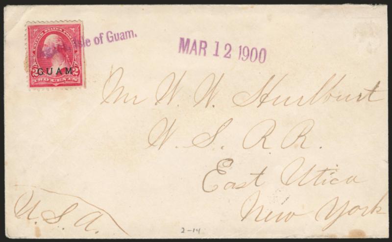 1899, 2c Red, Rose Carmine (2, 2a).> Four single-use covers, three are 1900-01 with stamps tied by Agana all-caps straightline (two magenta, one purple), the fourth is tied by purple upperlower case
straightline Agana, Isle of Guam. with matching