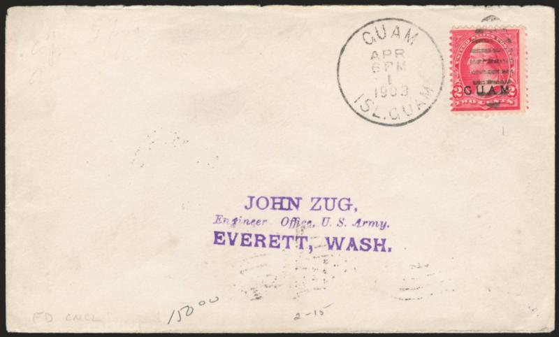 1899, 2c Rose Carmine (2a).> Tied by Guam Isl. Guam Apr. 1, 1903 duplex on Zug correspondence cover with purple handstamp address, <First Day usage of the Third U.S. Post Office canceller,> transit backstamp,
Very Fine
