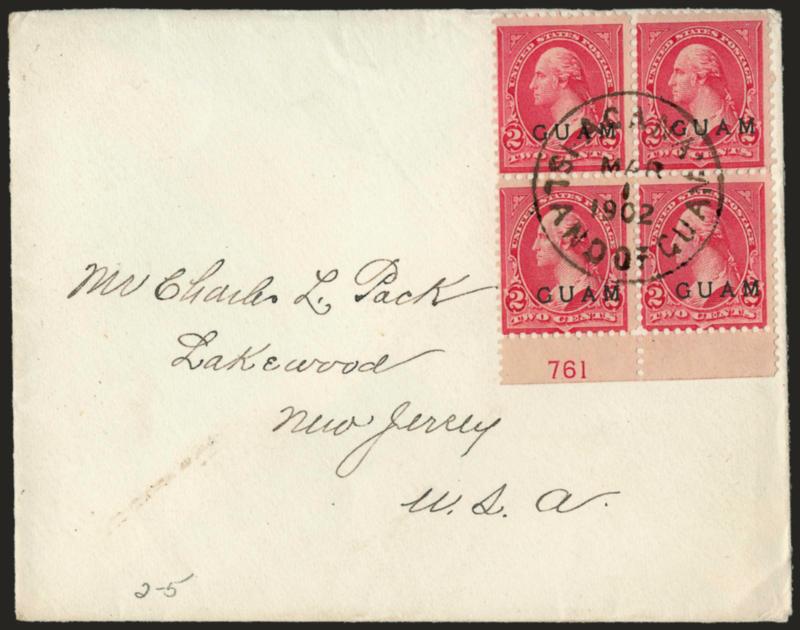 1899, 2c Rose Carmine (2a).> Block of four with bottom plate no. 761 selvage, cancelled by a perfect socked-on-the-nose strike of Agana Island Of Guam Mar. 1, 1902 circular datestamp on cover to Charles Lathrop
Pack in Lakewood N.J., transit back