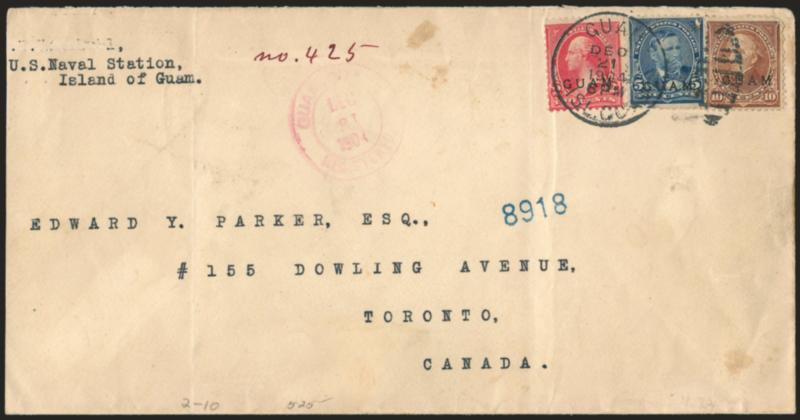 1899, 2c Rose Carmine, 5c Blue, 10c Brown, Ty. I (2a, 5, 8).> Small faults, tied by Guam Isl. Guam Dec. 21, 1904 duplex datestamp on legal-size registered cover to Canada, magenta Guam registry datestamp,
purple New York registry transit and Toront