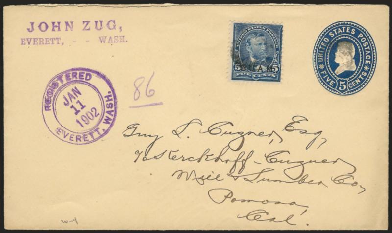 1899, 5c Blue (5).> Two Zug correspondence covers, one from Guam (1905) with unreadable postmark of origin and stamp tied by small cork, Manila P.I. Transit and Everett Wash. backstamps, other used in the U.S.
on U.S. No. U378 registered entire from
