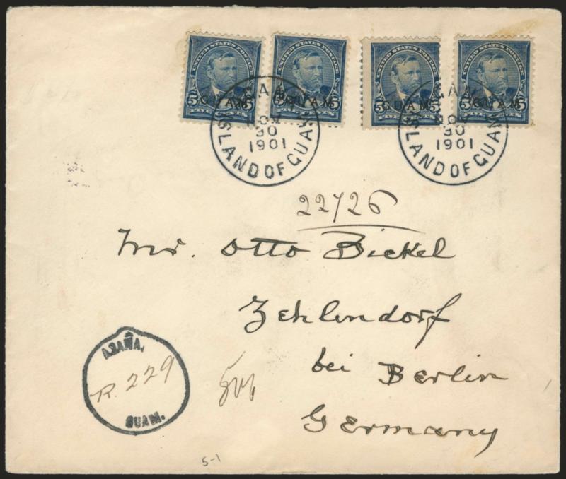 1899, 5c Blue (5).> Four singles, tied by Agana Island Of Guam Nov. 30, 1901 circular datestamps on registered cover to Germany, Agana, Guam registry circle, purple Philippines Mil. Sta. No. 1 Registered
backstamp along with Zehlendorf receiv