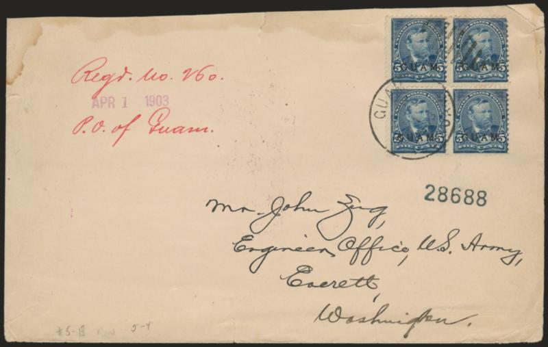 1899, 5c Blue (5).> Block of four, corner crease top right, tied by Guam Isl. Guam Apr. 1, 1903 grid duplex datestamp on Zug correspondence registered cover, red two-line ms. Regd. No. 260 P.O. of Guam with
purple Apr. 1, 1903 datestamp between