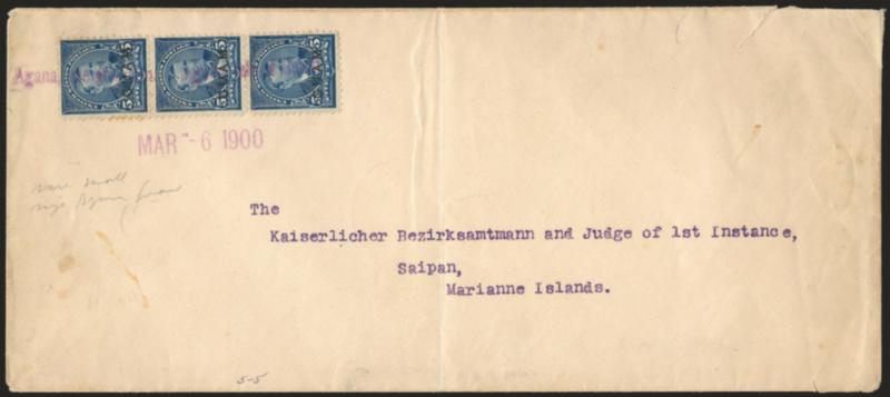 1899, 5c Blue (5).> Vertical strip of three, tied by magenta Agana, Isle of Guam straightline with matching Mar-6 1900 datestamp beneath on legal-size cover to German Official on Saipan, Marianna Islands, light
pencil docketing in Japanese on rev