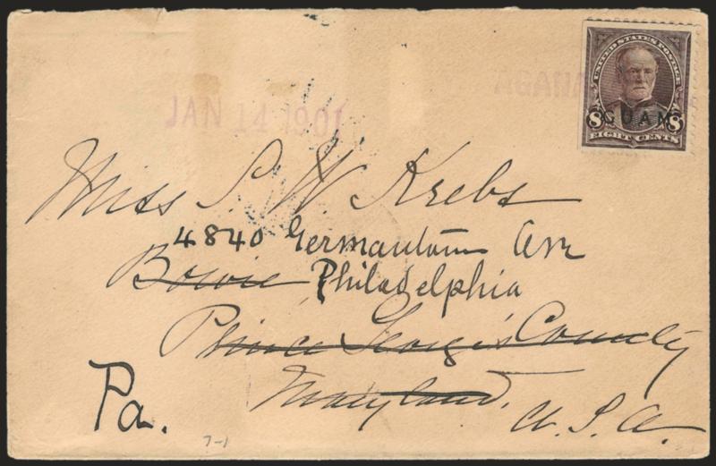 1899, 8c Violet Brown (7).> S.e. at left, well-centered, tied by purple Agana, Guam straightline, matching Jan. 14, 1901 datestamp on cover to Maryland and forwarded to Philadelphia, Manila P.I. and Bowie Md.
backstamps, Very Fine