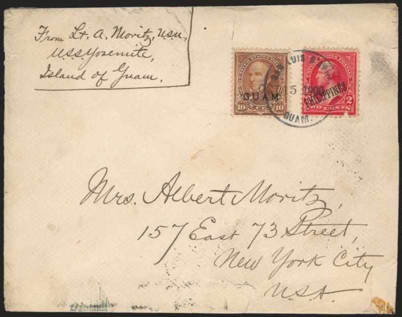 1899, 10c Brown, Ty. I (8).> Used with <Philippines 2c No. 214,> small nick bottom right, both tied by San Luis D Apra Guam circle, Oct. 15, 1900 straightline on cover to New York City, ms. return card from an
officer aboard the U.S.S. <<Yosemit