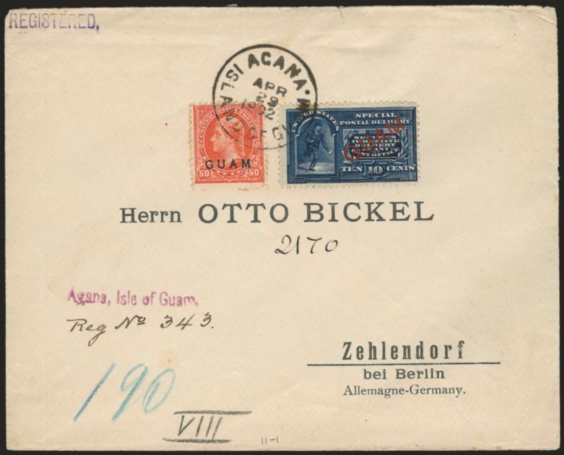 1899, 50c Orange, 10c Blue, Special Delivery, Five Dots in Curved Frame Above Messenger (11, E1a).> Tied by Agana, Island of Guam Apr. 29, 1902 circular datestamp on registered cover to Otto Bickel in erlin,
Germany,> ms. registry no. and purple
