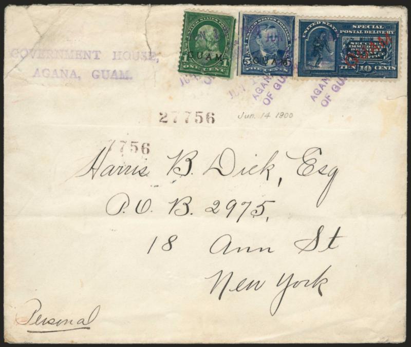 1899, 10c Blue, Special Delivery (E1).> Beautifully centered, small tear and light crease, used with faulty 1c Deep Green and natural s.e. 5c Blue Nos. 1 and 5, tied by purple Agana, Guam Isle Of Guam. and Jun.
14, 1900 straightlines on cover to