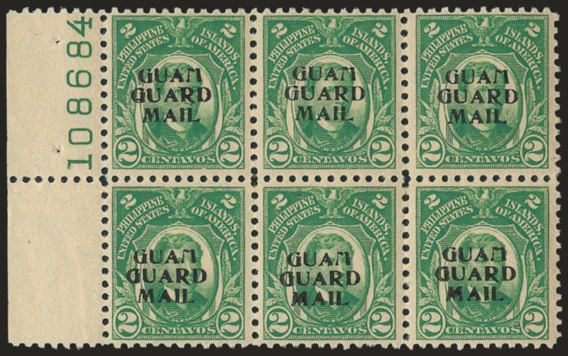 1930, 2c Green, Guard Mail (M1).> Horizontal block of six with left plate no. 108684 selvage, slight tropical original gum, bottom strip light crease, almost non-existent on pos. six, otherwise Very
Fine