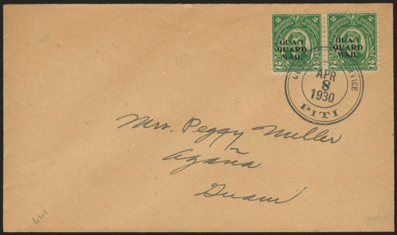 1930, 2c Green, Guard Mail (M1).> Horizontal pair, nicely centered, tied by Guam Service Piti Apr. 8, 1930 <First Day> double-circle datestamp on buff cover addressed to Peggy Muller, Very Fine, rare and
attractive, Piti is especially difficult for