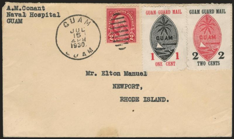 1930, 1c, 2c Seals (M3-M4).> Affixed but not cancelled on cover to Rhode Island, postage paid by 2c Carmine booklet pane single No. 634d and tied by Guam Guam Jul. 15, 1930 duplex datestamp, the Seals are
correctly uncancelled as they had no fran