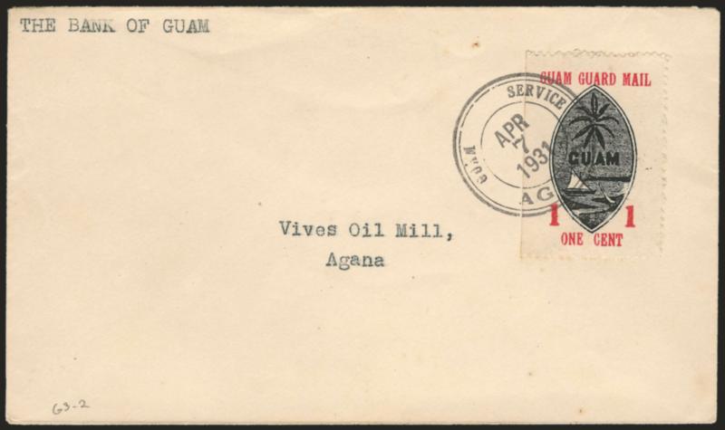 1930, 1c, 2c Seals (M3-M4).> Tied by Guam Service Agana double-circle datestamps on separate covers, Apr. 7, 1931 (second to last day of service) and Sep. 9, 1930 respectively, 1c natural s.e. at left, Very
Fine, Sloane handstamp guarantees