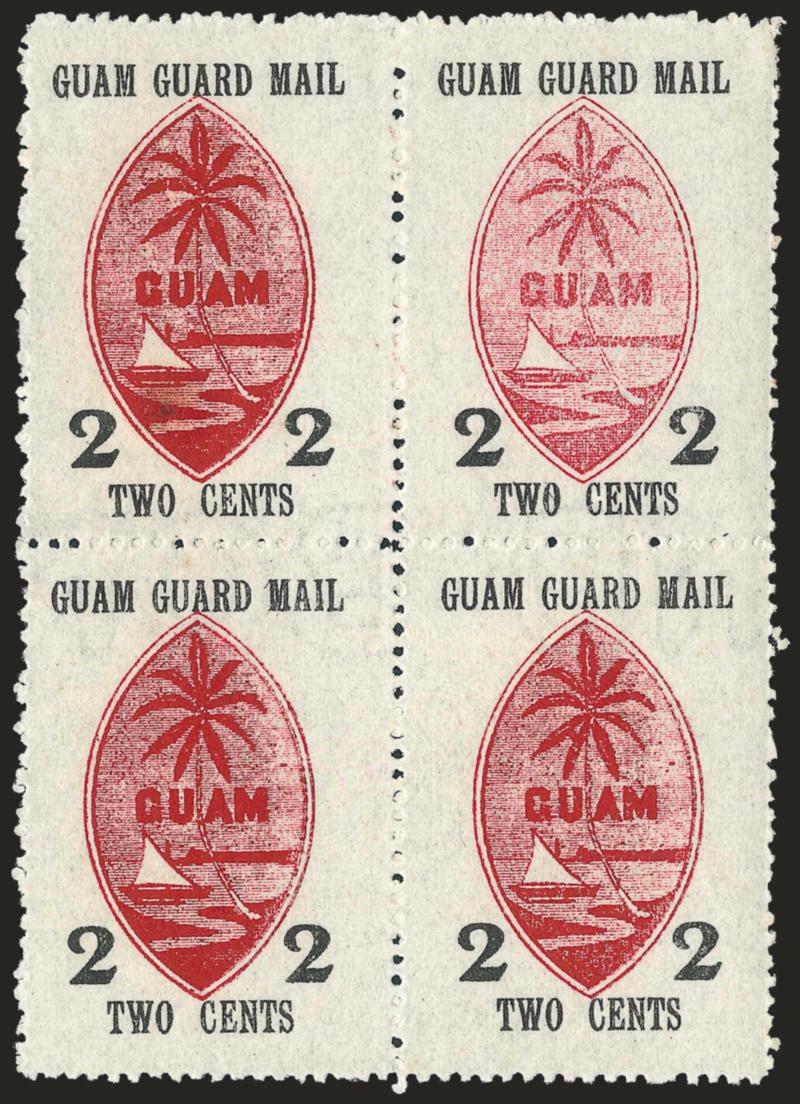 1930, 2c Black & Red (M4).> Block of four, without gum as issued, <perforated on all sides and watermark split between pairs,> tiny repaired hole in top left stamp, otherwise Very Fine, reportedly there are
only 80 possible perforated all around bloc