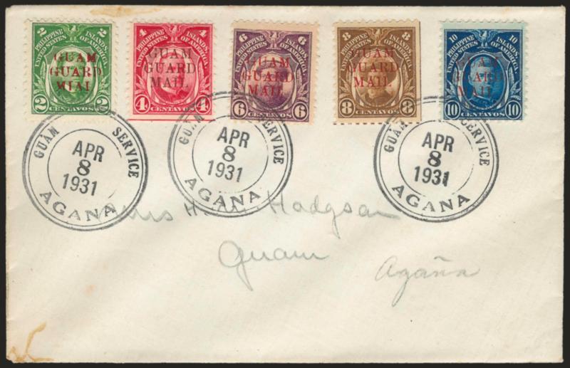 1930, 2c Green, Guard MIAL (M7b).> Used as part of a complete set, tied by Guam Service Agana Apr. 8, 1931 <Last Day of Service> double-circle datestamps on small neat cover, 4c and 8c natural s.e., Fine-Very
Fine, this is reportedly the only cov