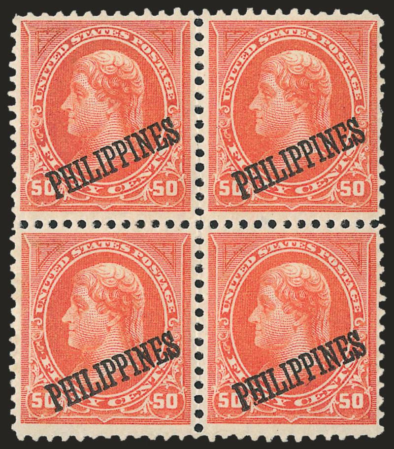 1899, 1c-15c Overprints (212-222).> Blocks of four, incl. three shades of 2c and extra 4c shade, Nos. 216, 217A, 218, 221 and 222 mostly dried tropical original gum (bad on most and several appear to be no
gum), top right 50c nibbed perfs, otherwis