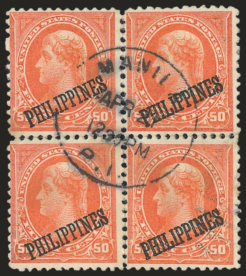 1899, 50c Orange (212).> Block of four, central Manila circular datestamp, slight staining, otherwise almost Fine, unpriced in used condition, Scott Retail as four used singles