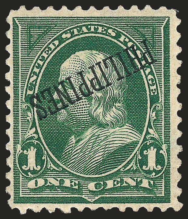 1899, 1c Yellow Green, Inverted Ovpt. (213a).> Original gum, small h.r., intense color<><>^VERY FINE AND CHOICE. THIS EXAMPLE OF THE ONE-CENT PHILIPPINES WITH INVERTED OVERPRINT IS BELIEVED TO BE UNIQUE. ONE OF
THE GREAT RARITIES OF PHILIPPINES PHI