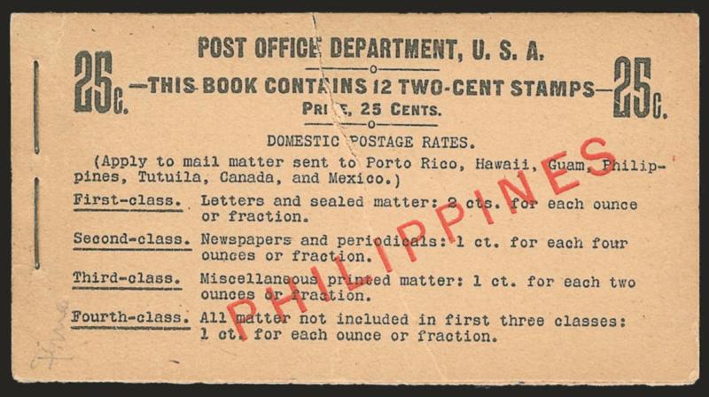1900, 2c Carmine, Booklet Pane of Six (214b).> Complete unexploded 25c booklet of two panes [BK7-BC 2B-BIA 1-c-2(1)], Mint N.H., pos. A, cover with red 48mm overprint, covers creased, Fine-Very Fine, Scott
Retail as two Mint N.H. panes of six