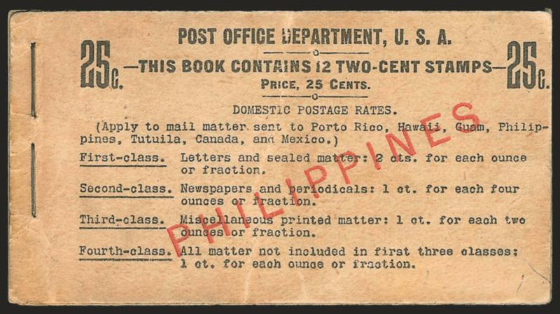 1900, 2c Carmine, Booklet Pane of Six (214b).> Complete unexploded 25c booklet of two panes [BK7-BC 2B-BIA 1-c-1(1)], Mint N.H., pos. A, cover with 48mm red overprint, front cover tear, otherwise Fine-Very
Fine, Scott Retail for two Mint N.H. panes o