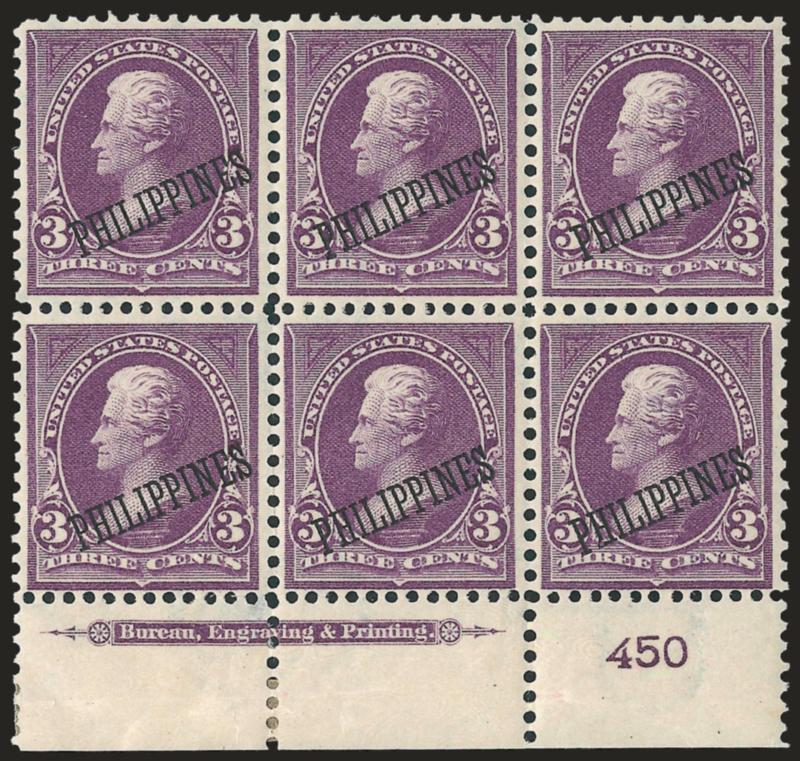 1899, 3c Purple (215).> Bottom imprint and plate no. 450 block of six, stamps Mint N.H., couple minor hinge thin spots in selvage, Very Fine appearance