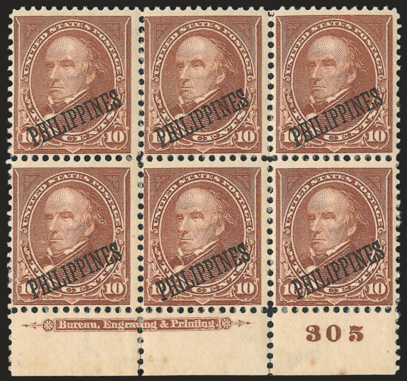 1899, 10c Brown, Ty. I (217).> Bottom imprint and plate no. 305 block of six, tropical original gum, minor selvage separation, Fine-Very Fine