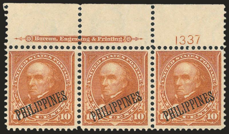 1899, 10c Orange Brown, Ty. II (217A).> Top imprint and plate no. 1337 strip of three, unused (no gum), Fine-Very Fine, Scott Retail as original gum