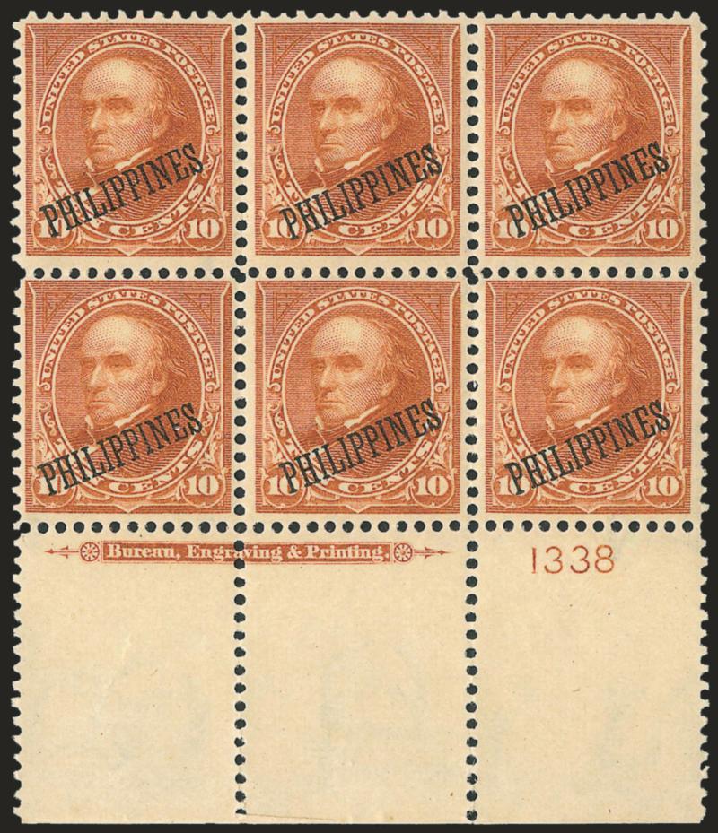 1899, 10c Orange Brown, Ty. II (217A).> Huge bottom imprint and plate no. 1338 block of six, tropical original gum<><>^VERY FINE. AN OUTSTANDING WIDE BOTTOM IMPRINT AND PLATE NUMBER BLOCK OF THE 10-CENT TYPE II
WITH PHILIPPINES OVERPRINT.^<><>The