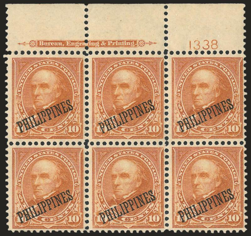 1899, 10c Orange Brown, Ty. II (217A).> Top imprint and plate no. 1338 block of six, original gum, bottom center lightly hinged, other five stamps Mint N.H.<><>^FINE-VERY FINE. AN SCARCE IMPRINT AND PLATE
NUMBER BLOCK OF THE 10-CENT TYPE II WITH PH