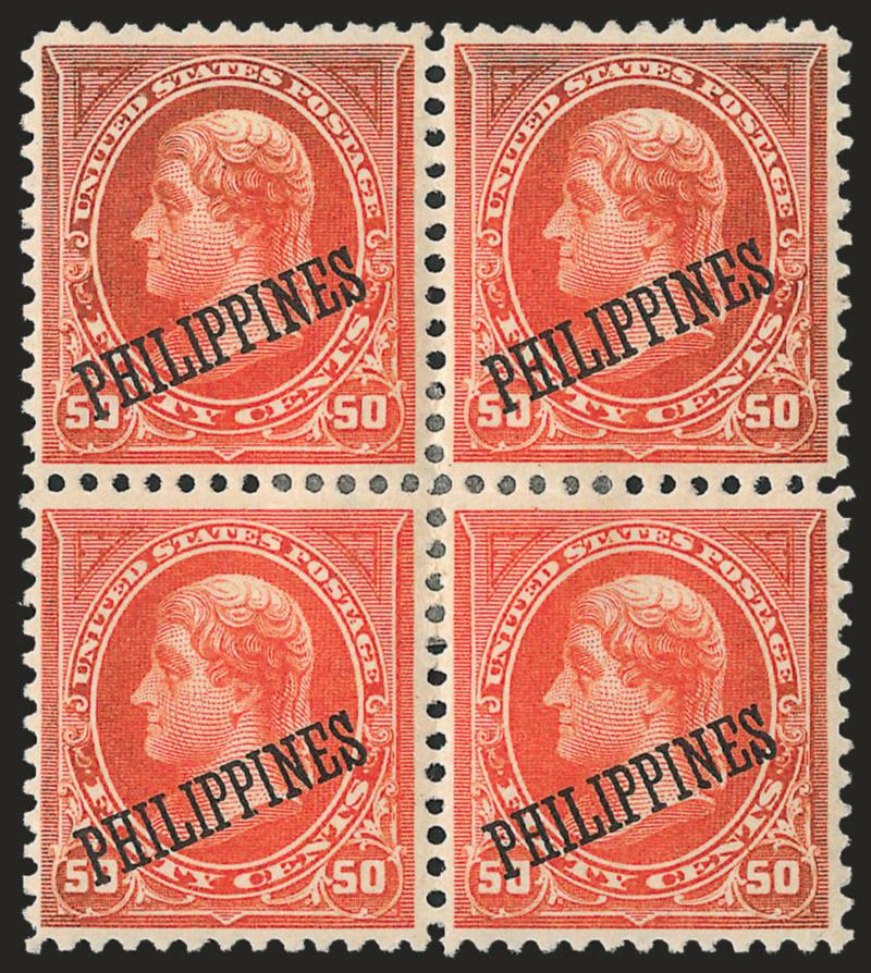 1899, 50c Orange (219).> Block of four, original gum, central h.r., choice centering, Very Fine-Extremely Fine