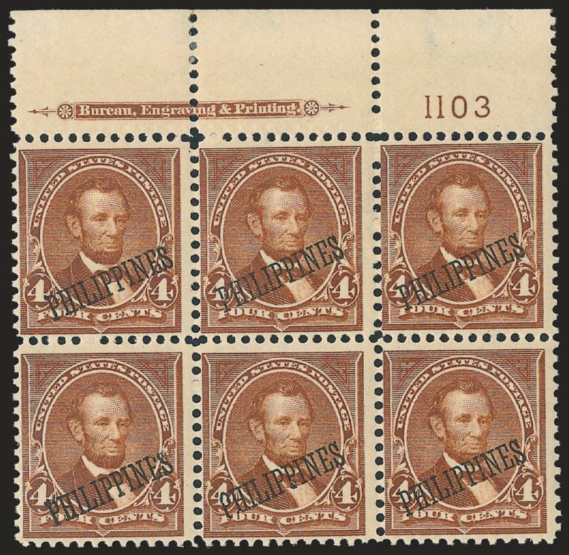 1901, 4c Orange Brown (220).> Top imprint and plate no. 1103 block of six, tropical original gum, Fine