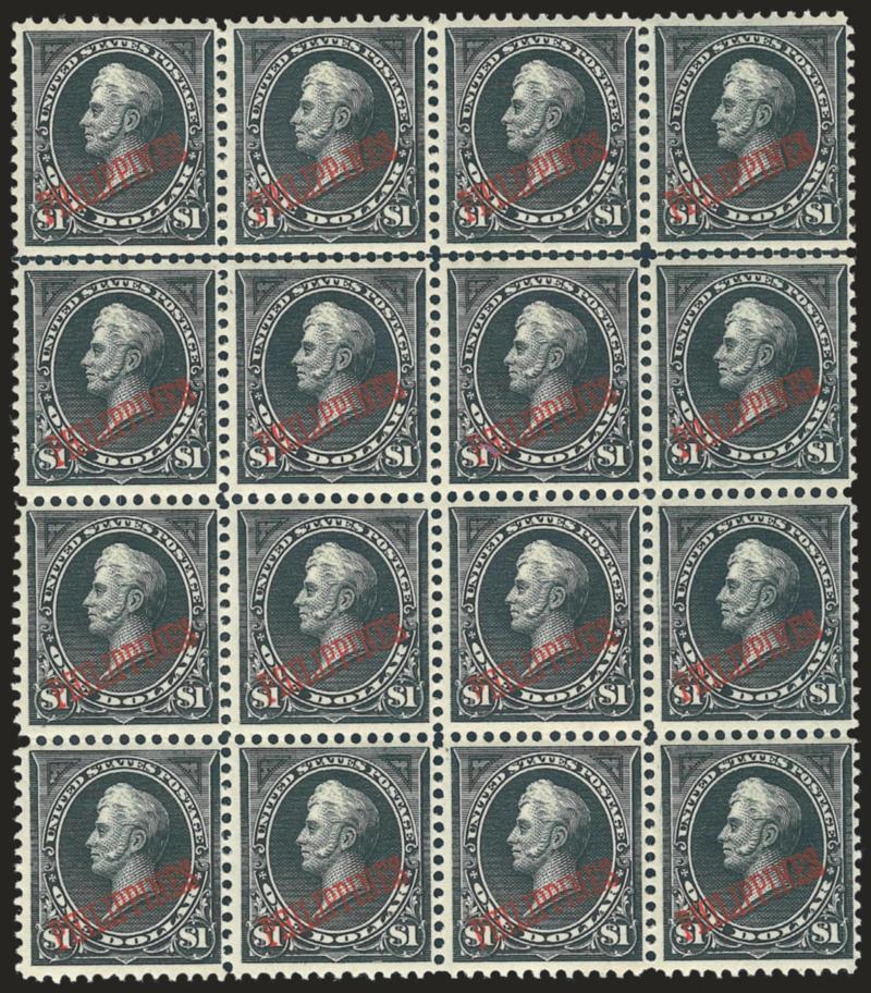 1901, $1.00 Black, Ty. I (223).> Block of 16, original gum, mostly Mint N.H. but with few typical disturbances, horizontal guideline between top two rows, bright shade, crisp impression<><>^VERY FINE-EXTREMELY
FINE. A GORGEOUS ORIGINAL-GUM BLOCK OF
