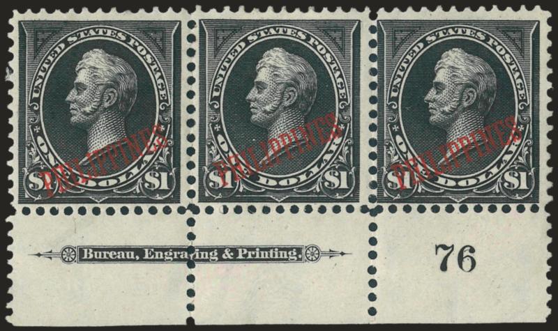 1901, $1.00 Black Ty. I-II Combination (223-223A).> Bottom imprint and plate no. 76 strip of three, right stamps Type II, left stamp Type I, part disturbed original gum, intense shade and impression, tiny thin
speck, few trivial separations expertly