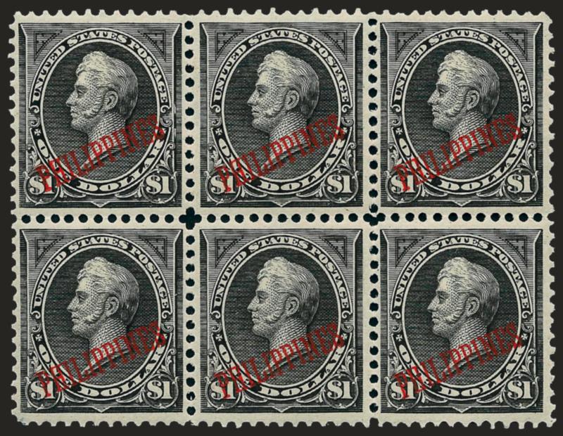 1901, $1.00 Black, Ty. II (223A).> Horizontal block of six, lightly hinged with the bottom left stamp not showing any trace of hinging, bright shade and crisp impression, bottom center stamp tiny thin speck in
one perf at top where few trivial separa
