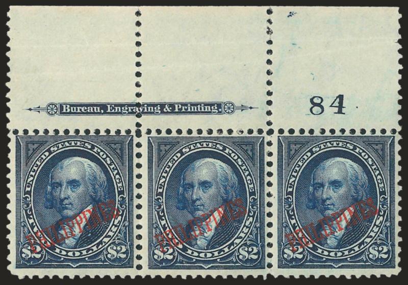 1901, $2.00 Dark Blue (224).> Wide top imprint and plate no. 224 strip of three, lightly hinged, selvage creases, well-clear of imprint and plate no., otherwise Fine-Very Fine