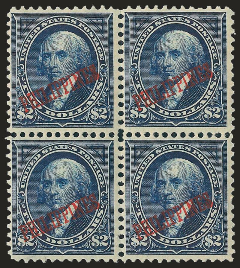 1901, $2.00 Dark Blue (224).> Block of four, top pair lightly hinged, bottom pair Mint N.H. (bottom left tiny gum disturbance and wrinkle), otherwise Fine, Scott Retail as two hinged and two Mint N.H.
singles