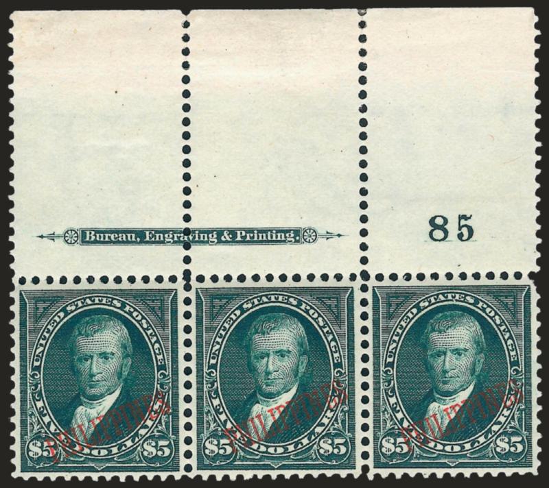 1901, $5.00 Dark Green (225).> Top imprint and plate no. 85 strip of three with unusually wide selvage, slightly tropicalized original gum, h.r. at top of selvage, intense shade and impression on bright
paper<><>^EXTREMELY FINE. A BEAUTIFUL ORIGINA