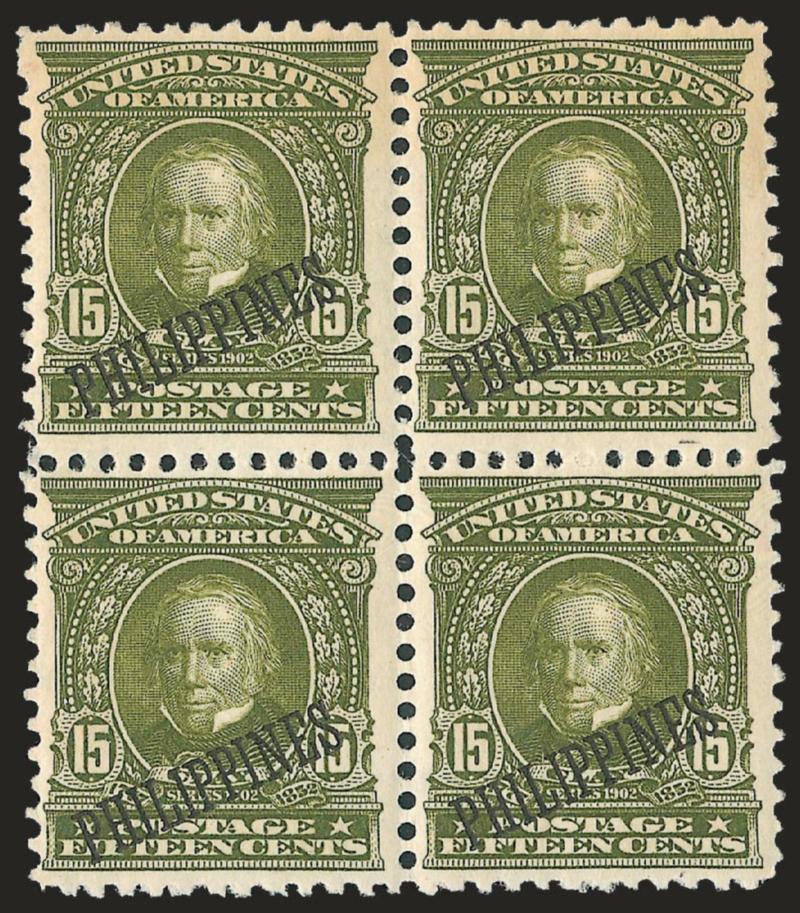 1907, 15c Olive Green, Bureau of Insular Affairs Special Printing (235SP).> Block of four, barely hinged at center, intense color on bright paper<><>^FINE-VERY FINE. A RARE BLOCK OF THE 15-CENT 1907 SPECIAL
PRINTING PREPARED FOR THE BUREAU OF INSUL