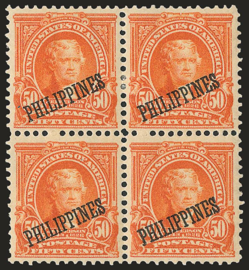 1907, 50c Orange, Bureau of Insular Affairs Special Printing (236SP).> Block of four, top stamps h.r., choice centering, vibrant color<><>^VERY FINE. A RARE BLOCK OF THE 50-CENT 1907 SPECIAL PRINTING PREPARED
FOR THE BUREAU OF INSULAR AFFAIRS..^<>